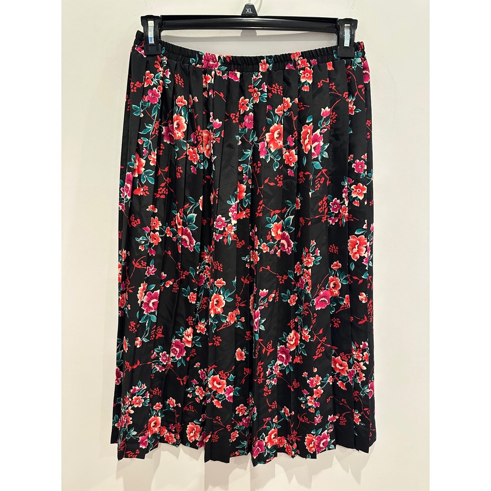 Vintage Leslie Fay Floral Pleated Midi Skirt Black Red Pink Elastic Waist Sz 14